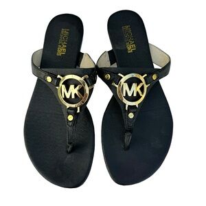 Michael Kors Black Saffiano Leather Gold Logo Thong Sandals Slides Womens